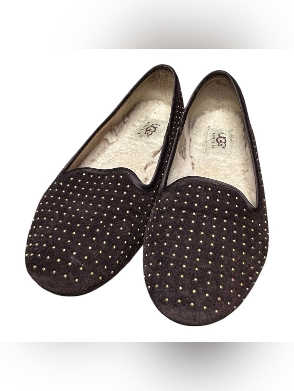 UGG Womens Dark Brown Fur Lined Studded Suede Slip-On Loafers Size 6.5